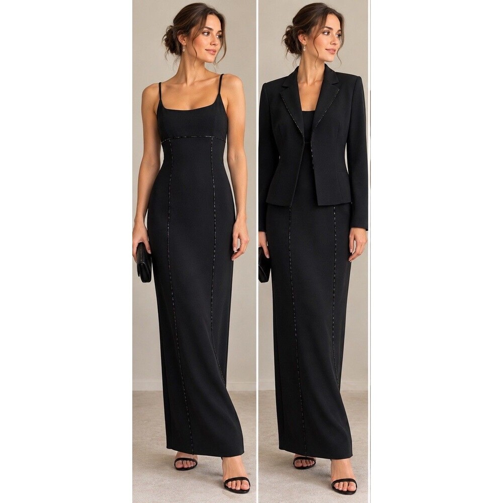 Vintage Ann Taylor 2 Black Beaded Empire Maxi Dress Jacket 2Pc Set 90s Elegant